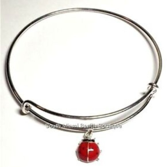 Ladybug Charm Bracelet Lady Bug Red Enamel Wire Adjustable Silver Plated - Picture 1 of 10